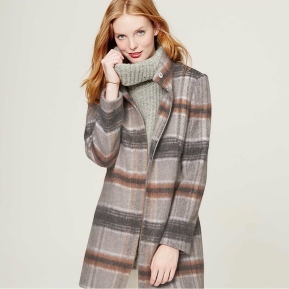 LOFT Jackets & Blazers - LOFT Plaid Wool Blend Funnel Neck Coat Gray Brown XS